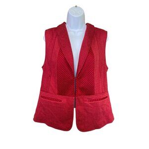 Coldwater Creek Red Vest L Polka Dot Trim Textured Herringbone Knit Preppy